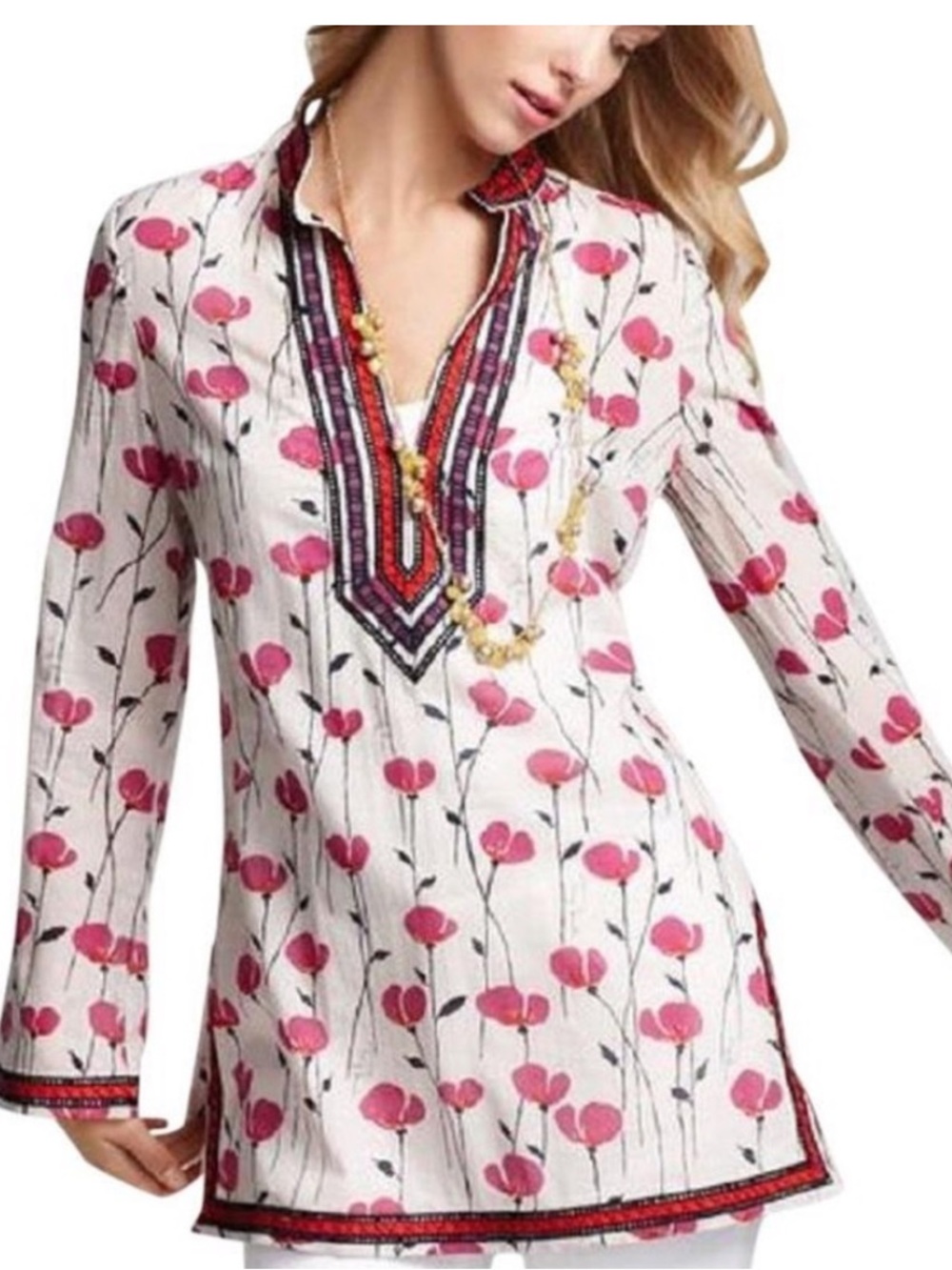 Tory Burch white poppy print long sleeve v-neck tunic